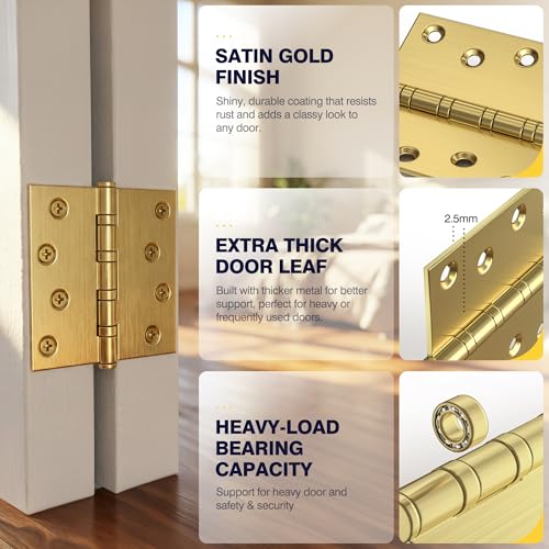 KOLET Ball Bearing Door Hinges, 4 x 4 Inches, Satin Gold, 6 Pack - color: Gold, size: 6 Pack