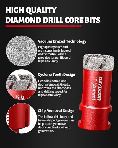 DAYDOOR Diamond Hole Saw Kit, 15-Piece Tile Hole Saw Kit Vacuum Brazed(Red) - color: Red, size: 1/4",5/16",4/5",1",1-3/8",2",3",4"