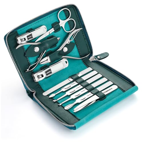 FAMILIFE Stainless Steel Manicure Set 11-in-1 Professional Nail Clipper Kit | Portable Leather Travel Case, Pedicure & Grooming Tools for Fingernails & Toenails, Luxury Gift for Men & Women, Peacock Blue - color: Blue