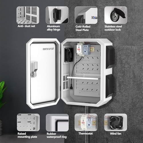 Outdoor Electrical Box with Thermostat and Fan, Cold-Rolled Steel Plate, Aluminum Alloy Back Beam, One-Piece Ventilation Design, IP65 Waterproof, Wall/Pole Mounted. (17.7" x 13.8" x 7.9") - size: 17.7" x 13.8" x 7.9"