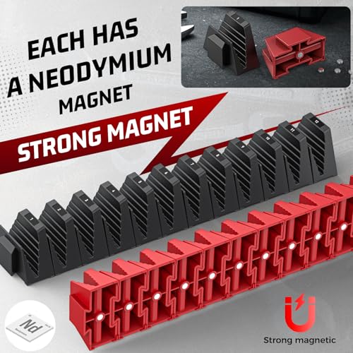 PINOZE 48PCS Magnetic Modular Wrench Organizers for Tool Drawers - Black & Red - Wrench Rack with Metric & SAE Labels, Customizable Magnet Tool Storage Holder for Tool Box Organization