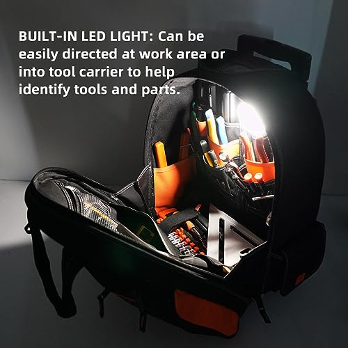 MELOTOUGH LED-Light Rolling Tool Bag Heavy-Duty 18" Wheeled Tool Organizer with Telescoping Handle for Electrician,Construction,HVAC,Service Technician,Plumbers, Repairs,Mechanic - color: Orange Rolling Tool Bag