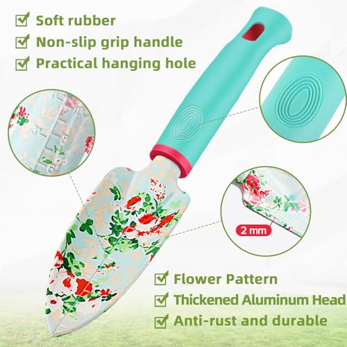 Garden Tools Set, JUMPHIGH 10 PCS Heavy Duty Gardening Tools Includes Hand Trowel Rake Weeder Pruner, Gardening Gifts for Women, Garden Kit with Tote Bag, Apron, Gloves, Kneeling Pad - color: Blue Green