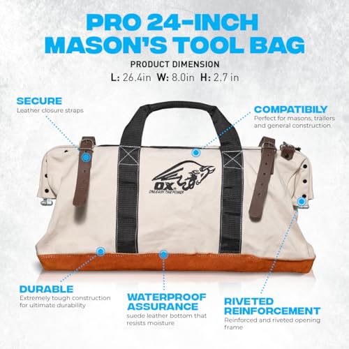 OX Canvas Tool Bag - 24 Inch Masonry Tool Bag - Heavy Duty Leather Straps