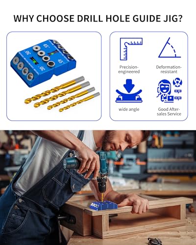 VASTHOME Aluminum 30/45/90° Angle Drill Guide Jig for Woodworking - Precision Angled and Straight Hole Drilling with Bubble Level, for Stair Handrail, Deck Post, Cable Railing, Furniture Assembly - color: Aluminum Blue