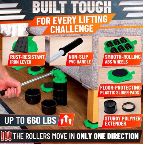 Furniture Lifter Tool with 4 Pcs Appliance Rollers, 660 Lbs, Green - color: Green