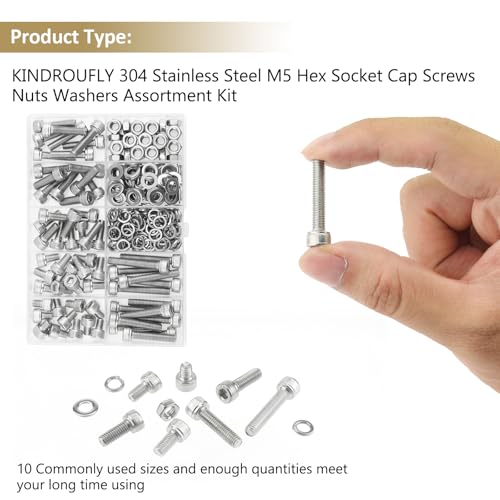 212 Pieces M5 x 6/8 /12/16 /20/25 /30mm Hex Socket Head Cap Screws Nuts Washers Assortment Kit, 304 Stainless Steel, Fully Machine Thread - size: M5, style: Socket Head