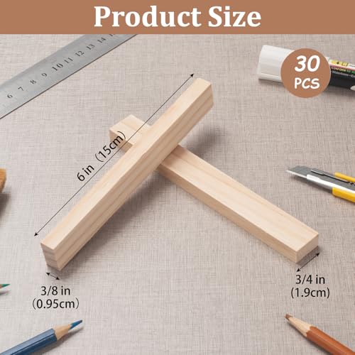 Wood Strips Slats Wooden Sticks for Crafts 3/8" × 3/4" × 6", 30 PCS Wood Planks Trim for Wall, Square Wooden Dowels for Crafts, Flat Lumber Boards Pieces for Crafting, Woodworking, Model Making - size: 3/8x3/4x6 in - 30PCS