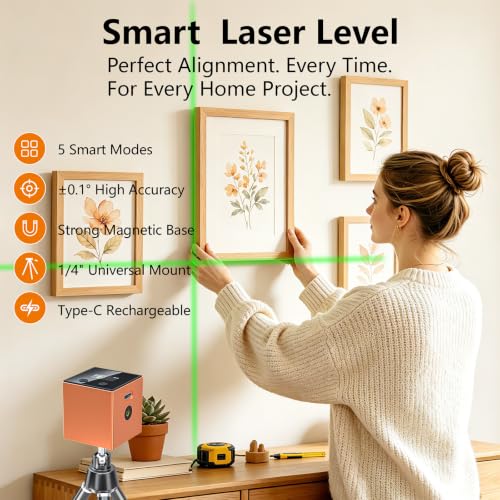5-in-1 Digital Laser Level with Tripod, Magnetic Base & USB Rechargeable, Mini Angle Finder & Protractor, ±0.1° High Precision Cross Line Laser, Green/Red Beam for Picture Hanging,Tiling & DIY - color: Orange