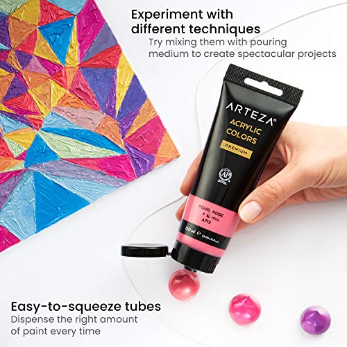 Arteza Metallic Acrylic Paint, Set of 8 Jewel Tones Colors in 4.06oz Tubes, Rich Pigments, Non Fading, Paints for Artists and Hobby Painters - style: 8 x 120ml (4.06 fl oz) Jewel