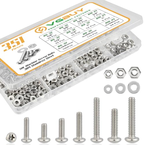 VGBUY 351Pcs Machine Screws Nuts and Bolts Assortment Kit, # 6-32# 8-32# 10-24 Phillips Pan Head Assorted 304 Stainless Steel Bolts Nuts Flat Washers Bolts with Case - style: 351PCS #6 #8 #10