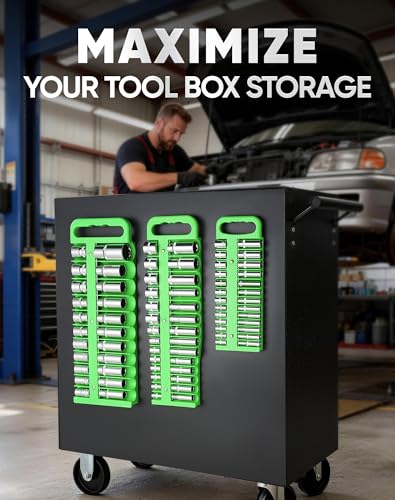 Reniteco 3-Piece Magnetic Socket Organizer Tray, for 1/2'', 3/8 '', 1/4'' Drive Metric/SAE Hold up to 76 Sockets, Heavy-Duty Socket Holder with Handle & Magnetic Base, Sockets Not Included - color: Green