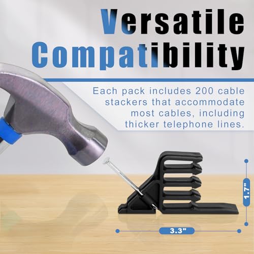 Cable Stackers 200 Pack, Multi-Cable Electrical Wire Clips with Steel Nails - color: Black
