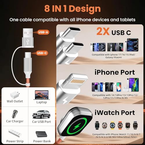 Dual Type-C 4IN2 Multi Charger Cable for iWatch/iPhone/L 5FT 2P - color: Orange_2, size: 2PCS&5FT