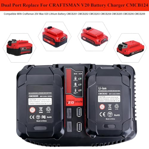 CMCB124 V20 Dual Port Battery Fast Charger Replacement for Craftsman 20V max Lithium Compact Batteries CMCB102 CMCB202 CMCB204 CMCB206 CMCB209 Power Tools Battery
