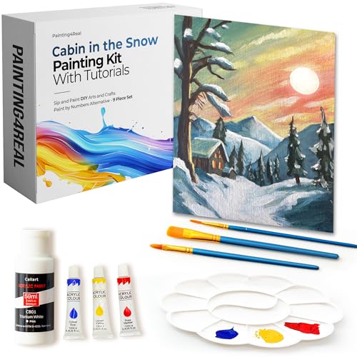 Painting4Real Acrylic Art Painting Kit with Video Tutorials - Learn to Paint Cabin in The Snow - How to Paint with Acrylic Paint Set for Adults, 9 Peices Painting Set for Beginners, Adults, Art Lovers - color: Cabin in the Snow