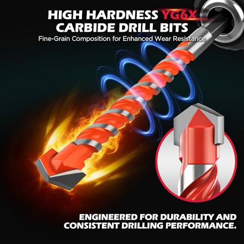 10-Piece Masonry Drill Bit Set, 6-Inch Carbide Tipped Concrete Drill Bits with Hex Shank for Brick, Cement, Tile, Wood and Light Metal, Fast Drilling and Chip Removal