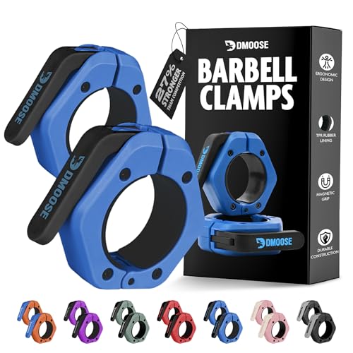 DMoose Fitness Barbell Clips 2 Inch (Pair) - Quick Release Olympic Barbell Clamps & Collars with Anti Slip TPR Grip for Secure Weightlifting and Powerlifting - Weight Clips for Bars at Home or Gym - color: Navy, style: Magnetic