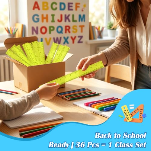 36 Pack 12" Clear Yellow Plastic Rulers, Back to School Measuring Supplies - color: Yellow