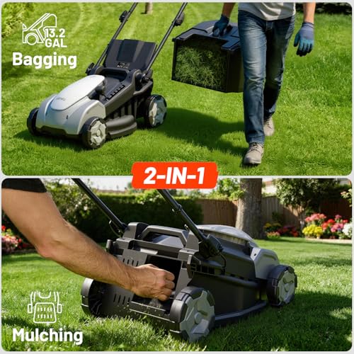 Litheli 40V Brushless Push Mower, 16″ Cordless Lawn Mower, 6 Adjustable Heights (1-3″), 50L Collection Bag & Mulching, 2×5.0Ah Batteries & Charger Included - color: Jet Black