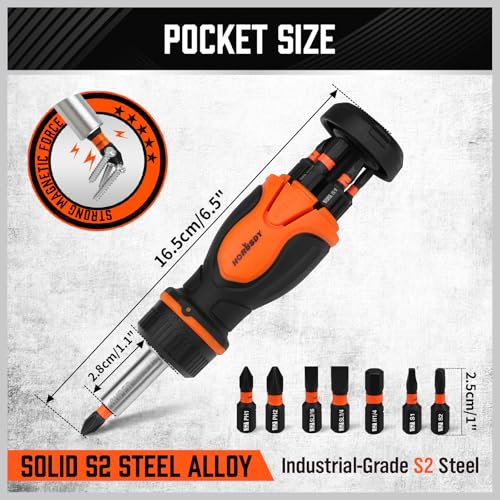 HORUSDY Magnetic Portable Screwdriver Bit Set: 8-in-1 Ratcheting Screw Driver Includes 1/4”Bit Driver Holder, 7 Screwdriver Bits with Phillips, Slotted, Square, Hex, for Garage & Daily Repair - style: 8-in-1 Ratcheting Screw Driver Set