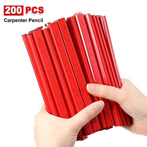 Honoson 200 Pcs Flat Construction Pencils with Printed Ruler Wood Graphite 2 Pcs Carpenter Pencil Sharpener for Woodworking Marking Tool(Red) - color: Red