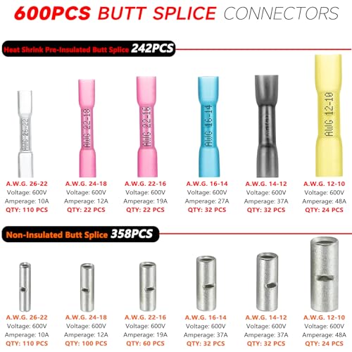BAALA 600 PCS Butt Connectors Kit: 26-10 Gauge Crimp Butt Splices Wire Connectors 242 Heat Shrink Butt Connectors Marine-Grade Waterproof and 358 Non-Insulated Butt Connector Crimp Butt Splices