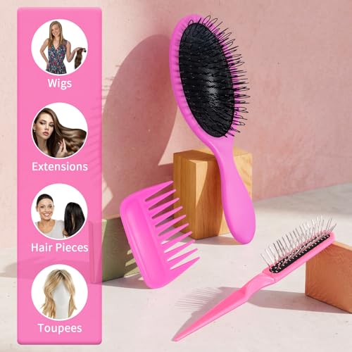 SIMPOR 3 PCS Wig Brush Comb Set, Hair Wig Comb Set for Synthetic, Professional Extension Loop Brush 3 Row Wire Brushes for Human and Synthetic Hair - color: Pink