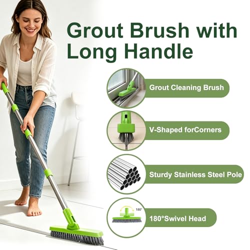 Grout Brush with Long Handle & Groove Gap Scrub Brush, Grout Cleaning Brush,V-Shape Grout Scrub Brush,Grout Cleaner Brush for Bathroom,Tile,Baseboard, Kitchen, Space Window Track, Corner
