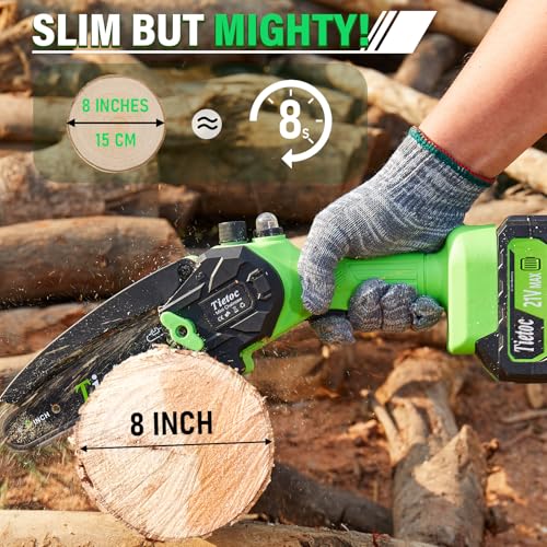 Tietoc Mini Chainsaw 8 inch Cordless with 2x 4000mAh Batteries, Battery Powerd Chain saw with Oiler, Lightweight Handheld Saw for Hous - color: Green- 8 Inch-2 Batteries