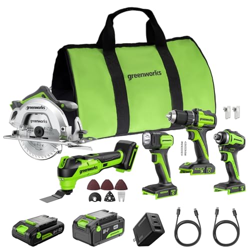 GREENWORKS 24V (5-TOOL) Combo (Drill + Impact Driver + Circular Saw + Multi-Tool + Flashlight), 4.0Ah + 2.0Ah (24,000mAh Power Bank) Batteries, (2) Cables, 65W Rapid Charger - size: 5PCS Combo Kits