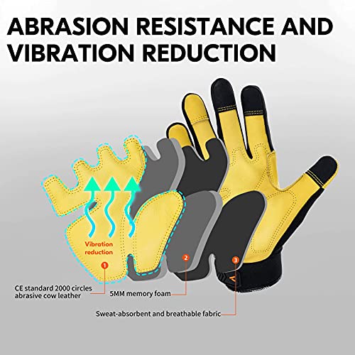Vgo... 1-Pair Anti-Vibration Safety Work Gloves, Mechanics Gloves, Multi-purpose Leather Work Gloves (Size L, Black Gray, CA7723) - size: Large (Pack of 1), style: Gray-cow Leather
