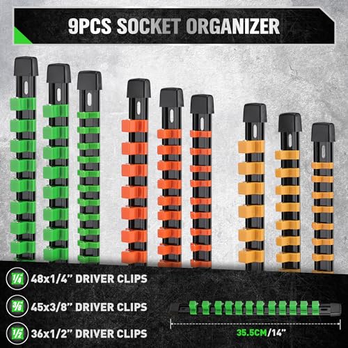 SWANLAKE Organizer Socket Holder, 9PCS 1/4-Inch x 48 Clips, 3/8-Inch x 45 Clips, 1/2-Inch x 36 Clips, Premium Quality Socket Clip Rail Holder - style: 9 PCS Green&Yellow&Orange