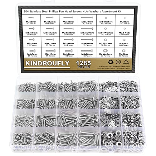 1285 Pieces M2 M2.5 M3 M4 Phillips Pan Head Machine Screws Nuts Washers Assortment Kit, 304 Stainless Steel, Fully Machine Thread - size: M2 M2.5 M3 M4