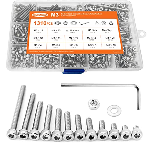 1310PCS M3 x 4/5/6/8/10/12/14/16/18/20/25/30mm Hex Socket Head Cap Screws Bolts and Nuts Flat Washers Assortment Kit, 304 Stainless Steel, Metric Machine Fully Thread, Allen Hex Drive - size: M3 Socket Head (1310PCS)