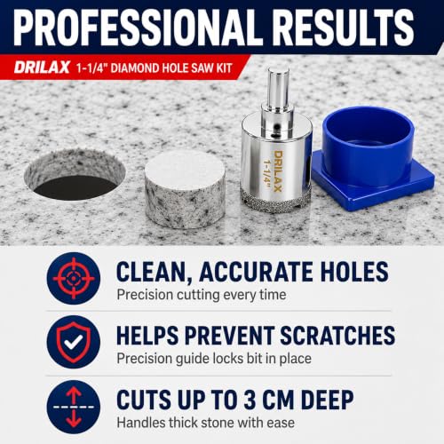 Drilax 1-1/4 Inch Diamond Hole Saw with Water Guide, Tile Drill Bit for Ceramic Porcelain Glass, Quartz Granite Countertop Drill Bit, Wet Cutting Kit with 3/8 Inch Shank - size: 1-1/4 inch