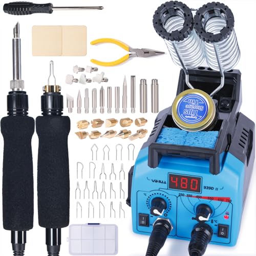 YIHUA 939D-II Pyrography Pen Wood Burning Kit Station 2-in-1 Solid-Point 200~480°C (with Temp Display)/Wire-Nib 250~750°C with 20 Nibs, Solid Points, 1 Stable Pen Holder, 2 Scrap Wood (Blue) - color: Blue