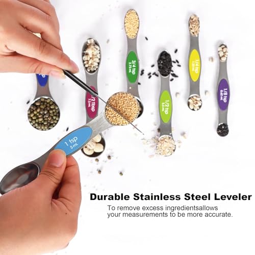Magnetic Measuring Spoons Set Stainless Steel with Leveler, 8pcs Multicolors Measuring Cups Set for Baking, Measuring Cups and Spoon Set Kitchen Gadgets Apartment Essentials Fits in Spice Jars - color: Multicolor