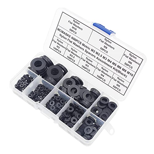 600PCS Metric M2 M2.5 M3 M4 M5 M6 M8 M10 Nylon Flat Washers Spacers Plastic Washers Assortment Kit (Black) - color: Black