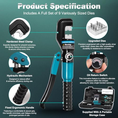 Brileine 10 Tons Hydraulic Crimping Tool with 9 Dies, 12 to 2/0 AWG