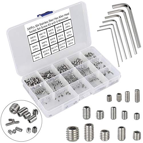 340Pcs M2.5, M3, M4, M5, M6, M8 Metric Hex Socket Head Cup Point Set Screws, Allen Head Grub Screw, Internal Hex Drive Headless Set Screw Assortment Kit with 6 Hex Wrenches, 304 Stainless Steel - color: Silver-340pcs Metric M2.5-M8 Cup Point Set Screw