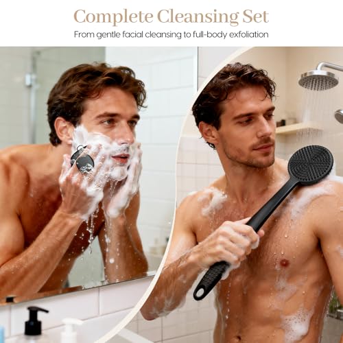 Back Scrubber for Shower & Face Scrubber, 2Pcs Silicone Exfoliating Brush Set with 17In Long Handle, Soft Body & Facial Cleansing Scrubber for Men Women - color: Back Scrubber