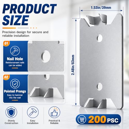 200 PCS Nail Plates for Wood Studs, 2.5 x 1.5 In Nail Guards for Wood Studs | Steel Stud Guard Plates with Sharp Prongs, Cable and Pipe Protectors for Electrical Wiring, Plumbing and HVAC Lines