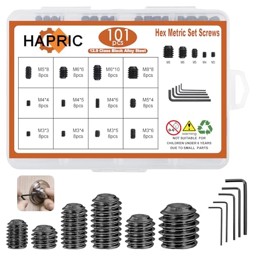 101-Piece Metric Set Screw Assortment Kit, M3-M8, 12.9 Alloy Steel - color: Black-Metric-101 Pcs