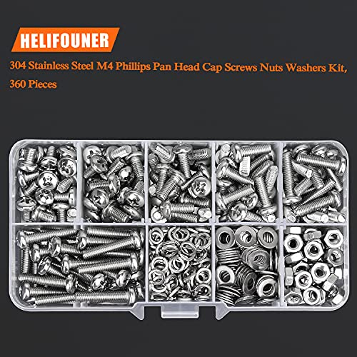 HELIFOUNER 360 Pieces M4 x 6mm /8mm /10mm /12mm /16mm /20mm, Phillips Pan Head Machine Screws, Metric Screws Bolts Washers Nuts Kit, 304 Stainless Steel - size: M4