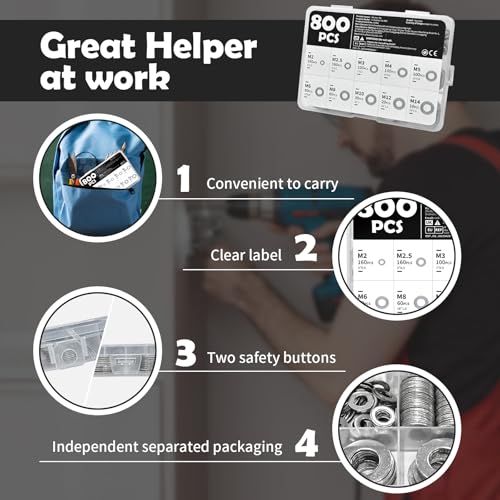 800PCS Washers Assortment Kit, Stainless Steel Flat Washers for Screws