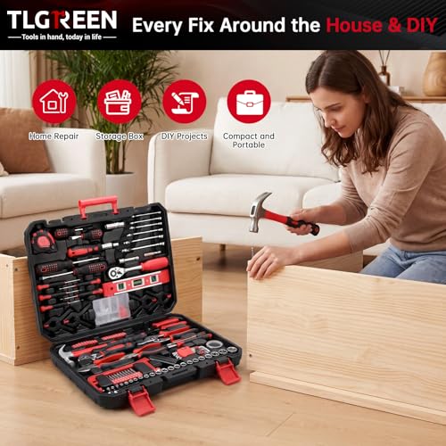 TLGREEN 198 Piece Tool Set, Tool Kit for Home,Basic Tools with Tool Box, Screwdrivers,Socket Adaptor,Adjustable Wrench,Pliers, Household Hand Tool Set for Car,Truck,Bicycle, Home, Dorm, Garage