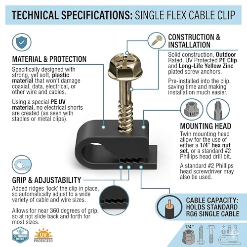 Stanz (TM) Flex Single Coaxial Cable Clips, Cat6, Electrical Wire Cable Clip, 1/4 in (6 mm) Screw Clip and Fastener, Black (100 Pieces per Bag)