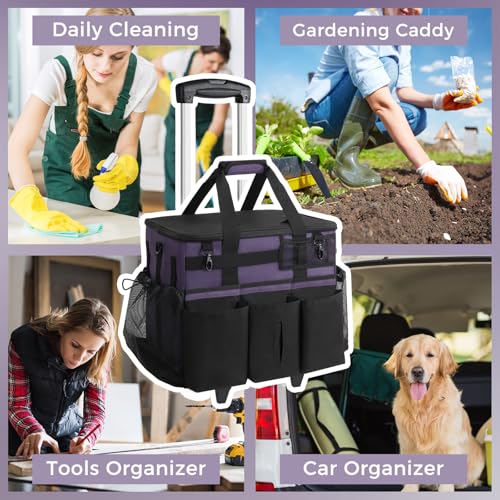 SCAVATA Rolling Cleaning Caddy Bag with Detachable Trolley, Large Cleaning Supplies Organizer with Wheels, Multi Pocket Cleaning Cart with Adjustable Shoulder Strap for Housekeeper & Home, GrapePurple - color: GrapePurple