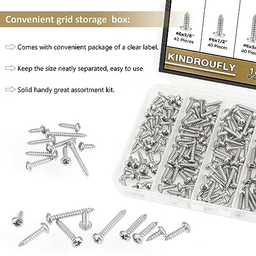 182 Pieces #6 x 3/8" 1/2" 5/8" 3/4" 1" Phillips Pan Head Self-Tapping Screws, Wood Screws Assortment Kit, 304 Stainless Steel - size: #6